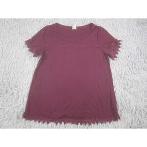 Cover Stitched Shirt Womens XL‎ Burgundy Lace Trim Short Sleeve Rayon Top